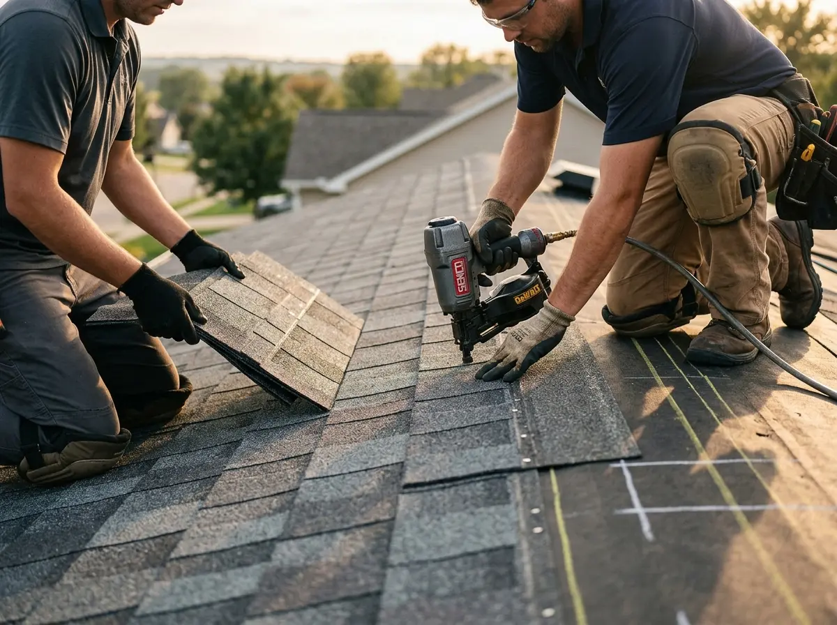 Professional roofer working on a residential roof in Lake Tapps
